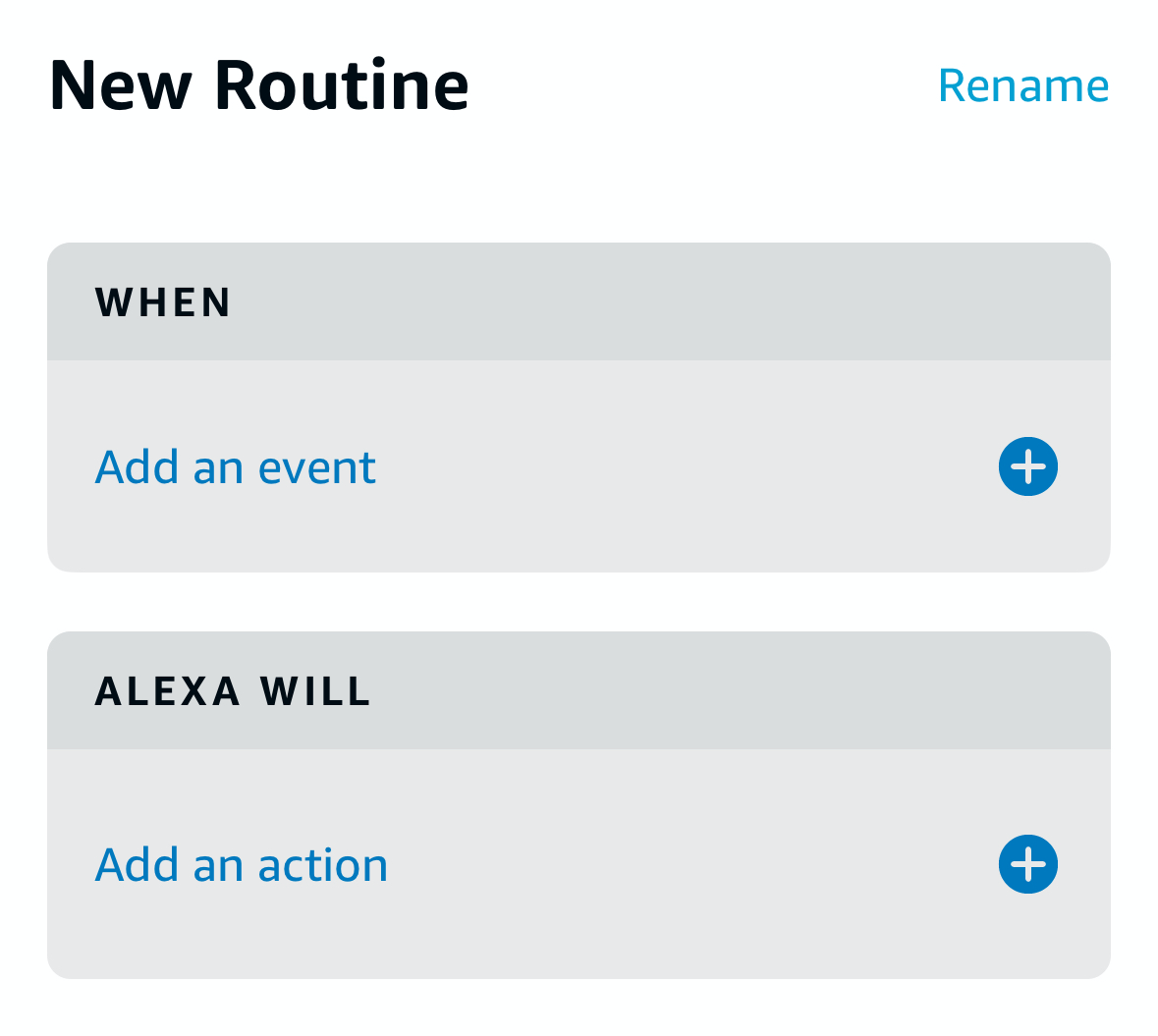 A blank routine in the Alexa app on iPhone.