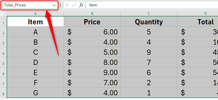 A data series in Excel renamed Total_Prices in the name box.