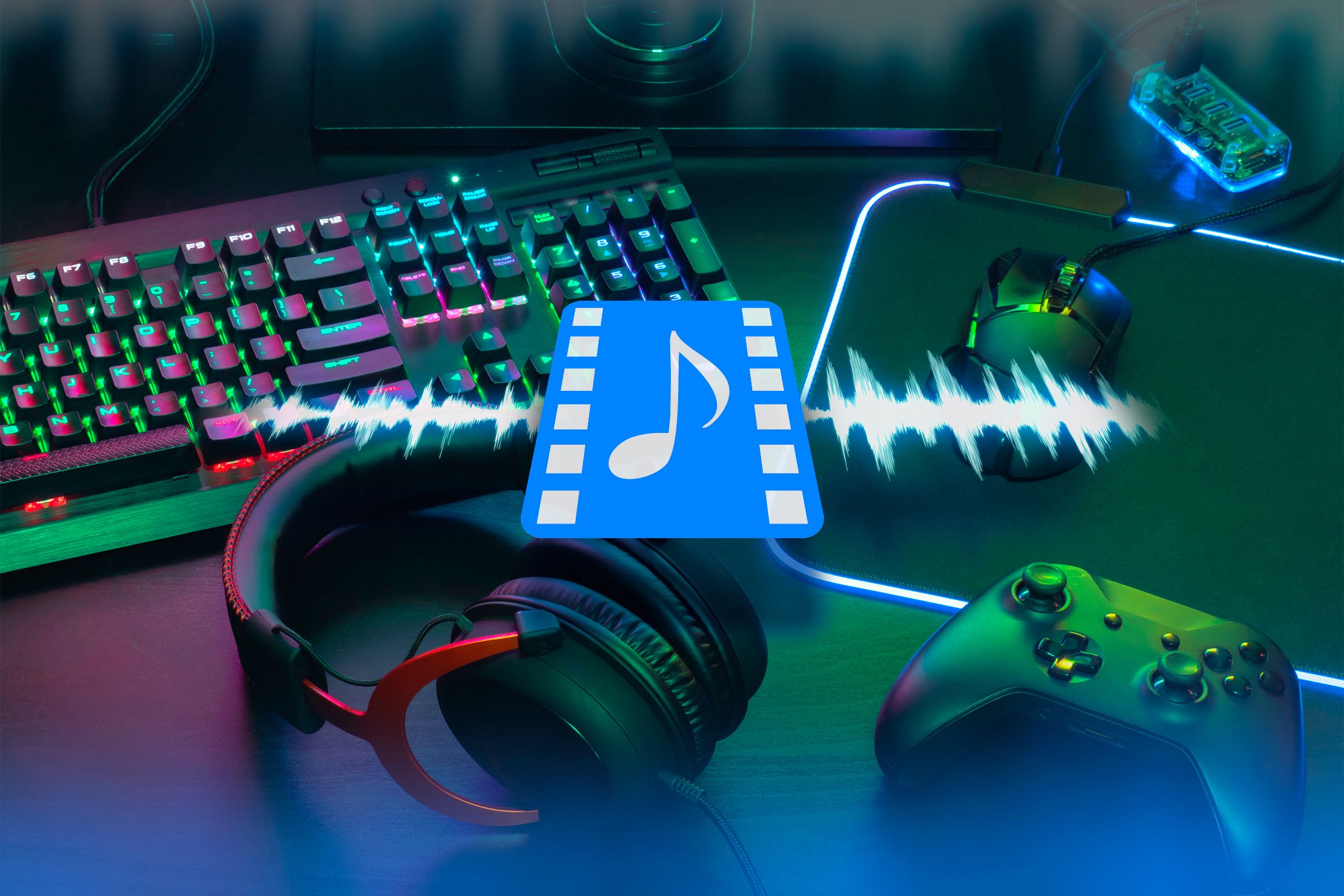 A desk with a gaming keyboard, a headset, a controller, and a mouse, with a floating soundtrack icon above them.