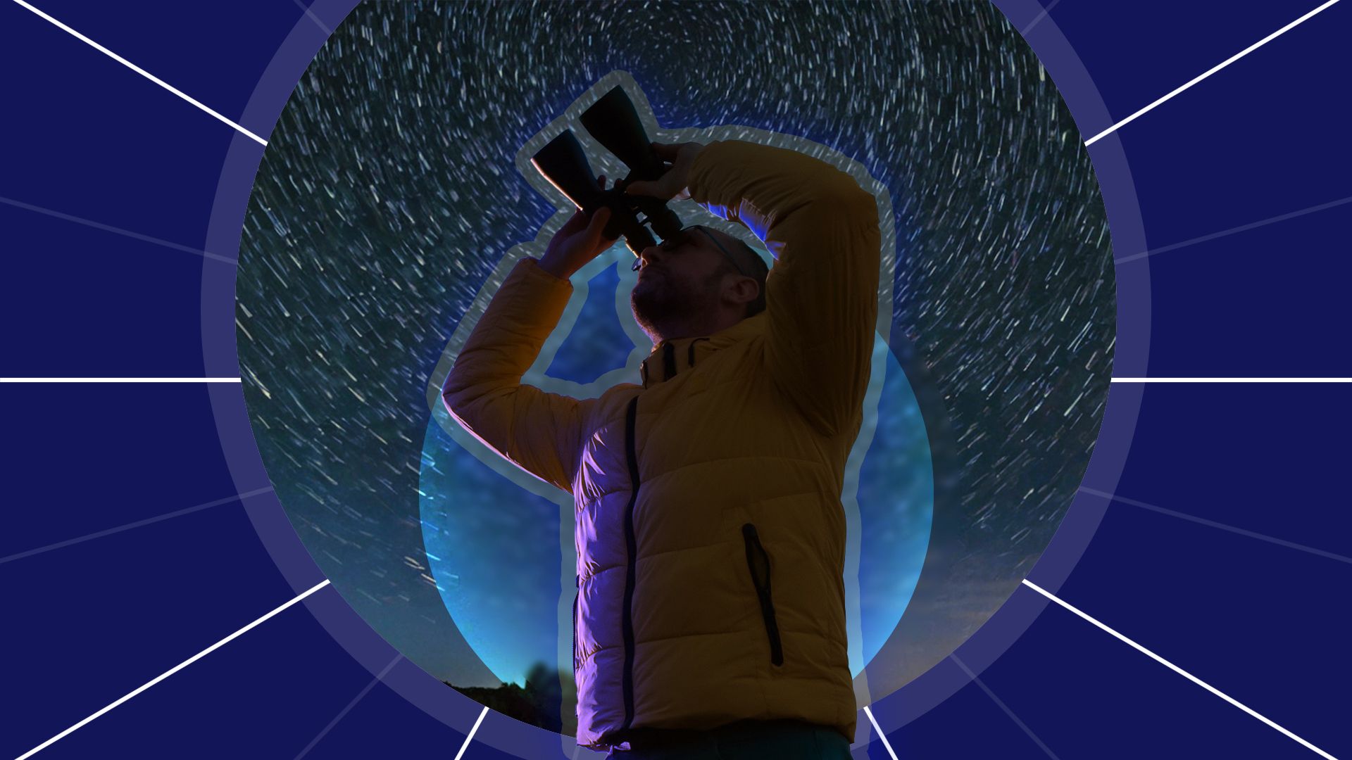 A man on a starry night using binoculars.