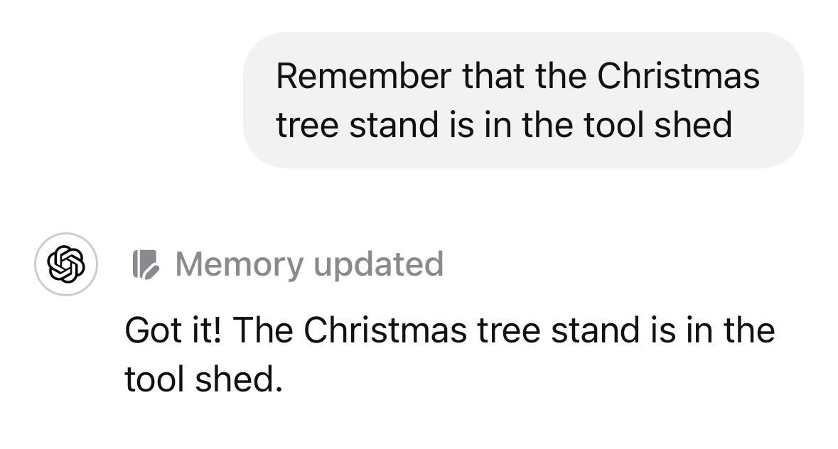 A memory about the location of the Christmas tree stand being saved in the ChatGPT app.