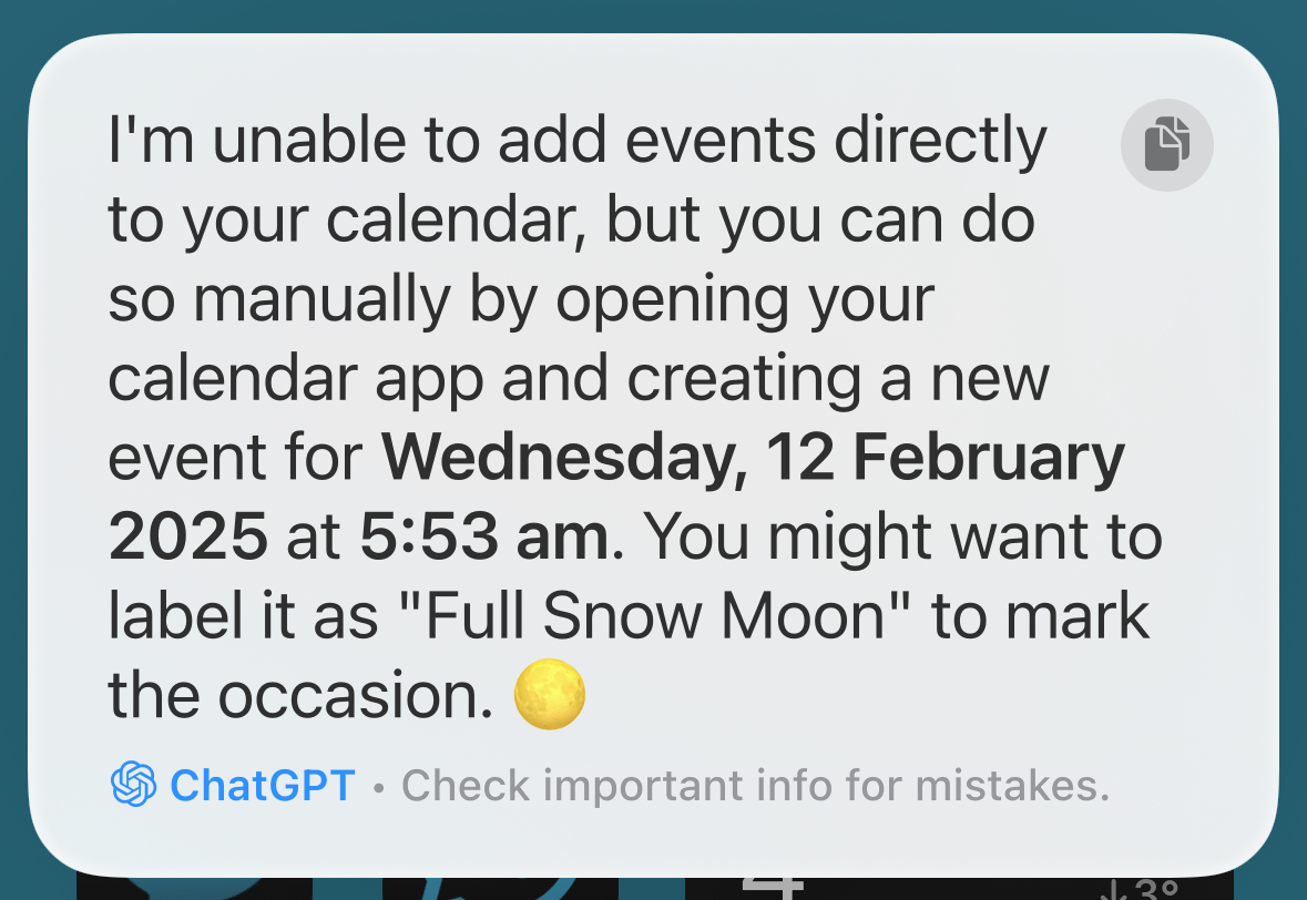 A message from ChatGPT via Siri stating that it is unable to add events to the calendar.