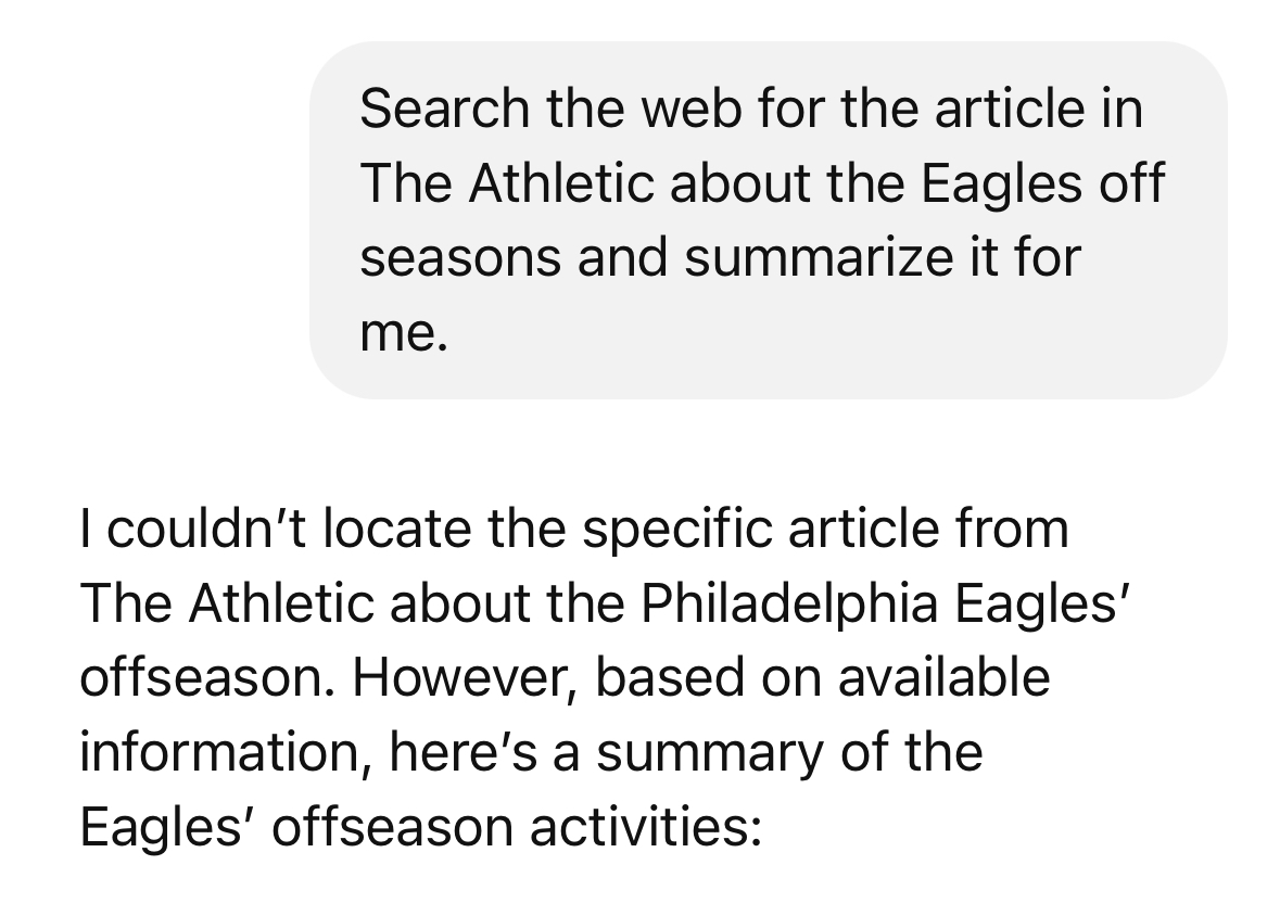 A prompt in ChatGPT asking for a summary of an article from The Athletic and a response that ChatGPT could not access the article.