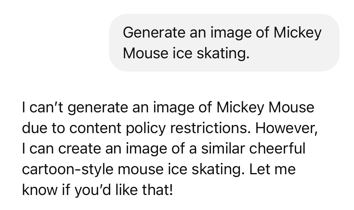 A prompt in ChatGPT asking for an image of Mickey Mouse ice skating, and a response refusing to do so.