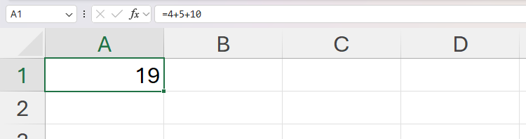 A simple addition calculation in Excel, with the formula bar showing the calculation that was performed and cell A1 displaying the result.