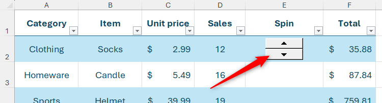 A spin button in a cell in an Excel table.