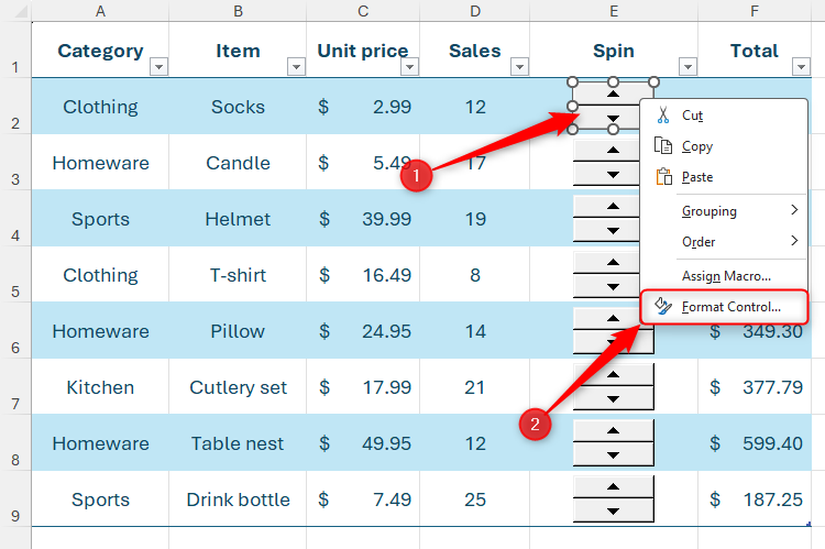 A spin button in Excel is selected via a right-click, and the Format Control option is selected.