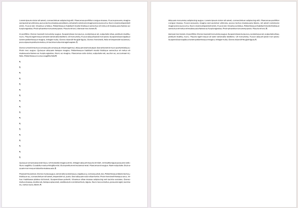 A Word document containing two pages of text. Page 1 has a large gap after the first three paragraphs, and the text continues at the bottom.