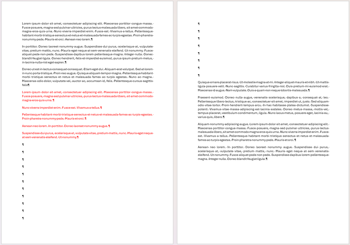 A Word document containing two pages of text. Page 1 has additional text in red, and the text on page 2 begins halfway down the page.