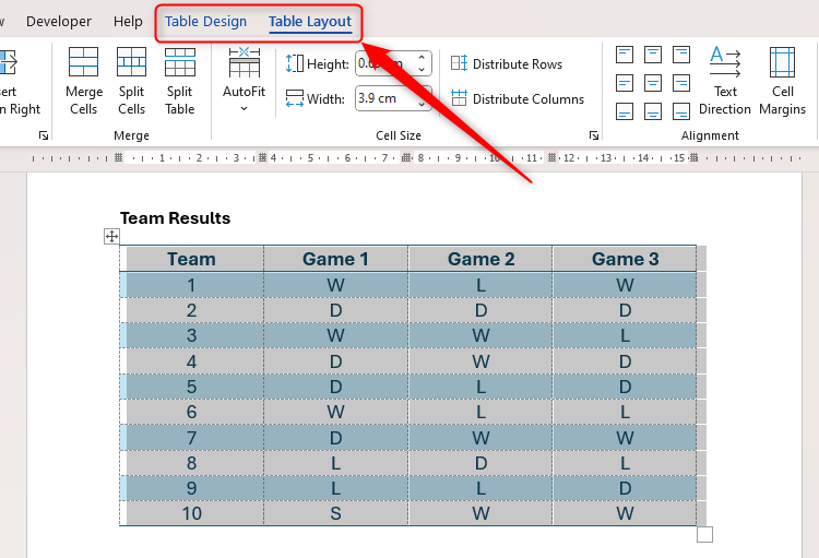 A Word table is selected, and the Table Design and Table Layout tabs are highlighted.