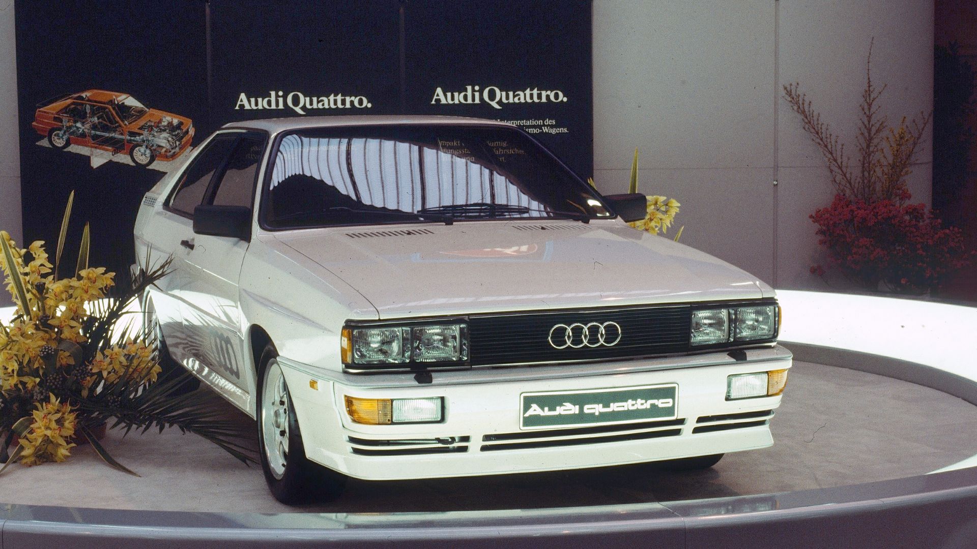 Front view of an Audi Quattro pictured on the stand at the 1980 Geneva Motor Show.