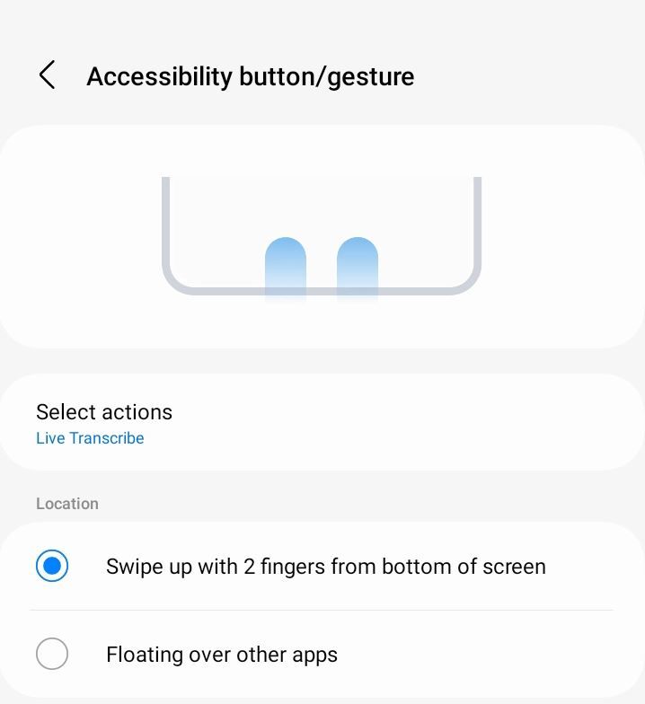 'The accessibility gesture options in Live Transcribe' for quick access.