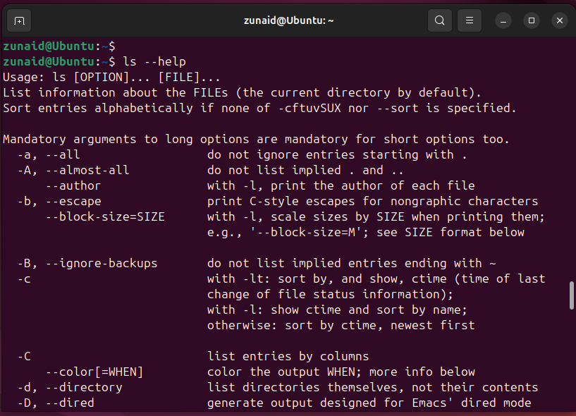 Adding the --help option to a Linux command displays its usage.