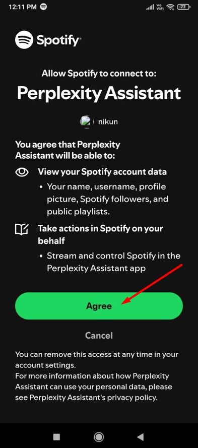 Allowing Preplexity to connect to Spotify.