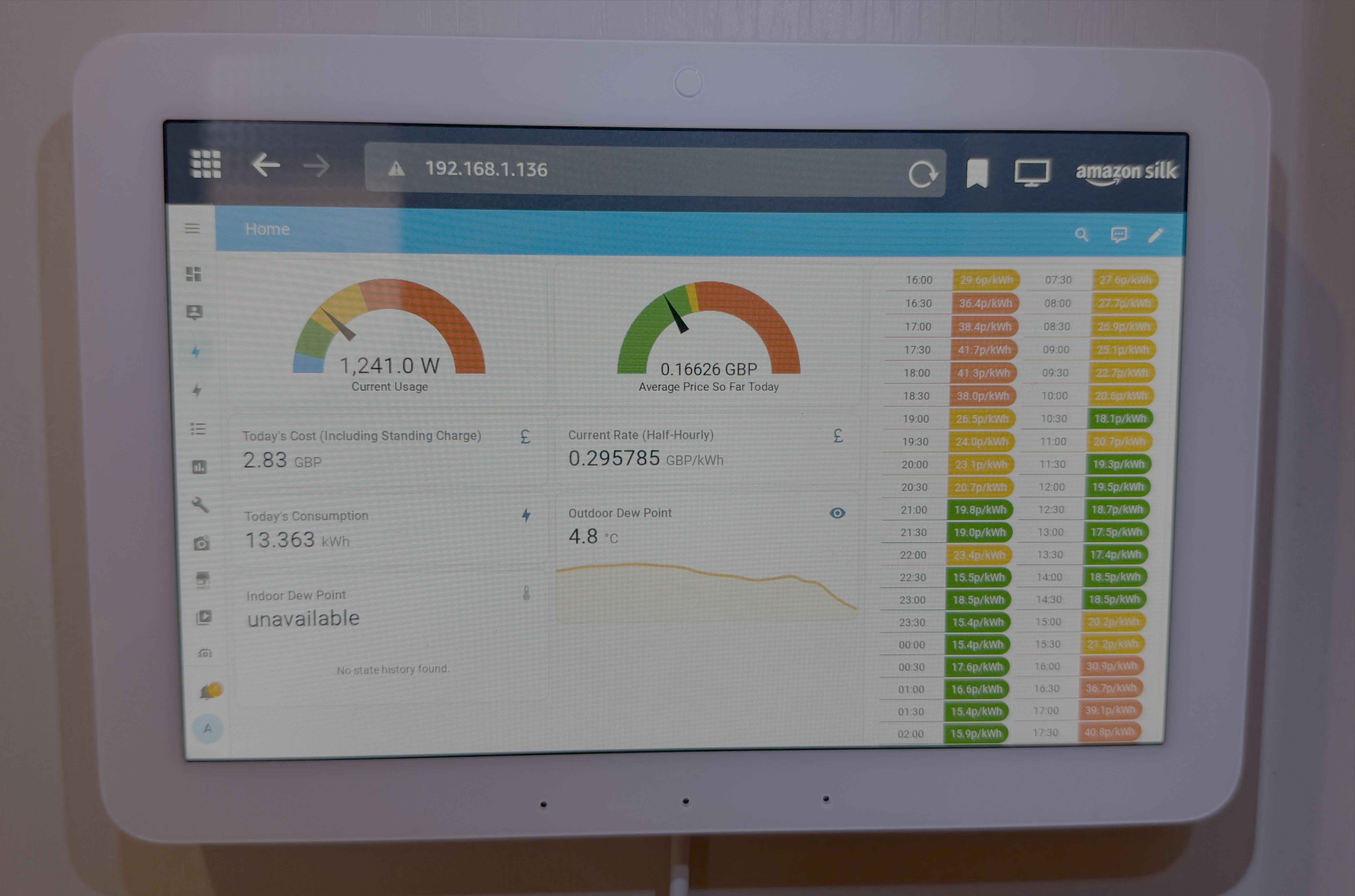 An Amazon Echo Hub showing a Home Assistant dashboard with electricity usage and prices.