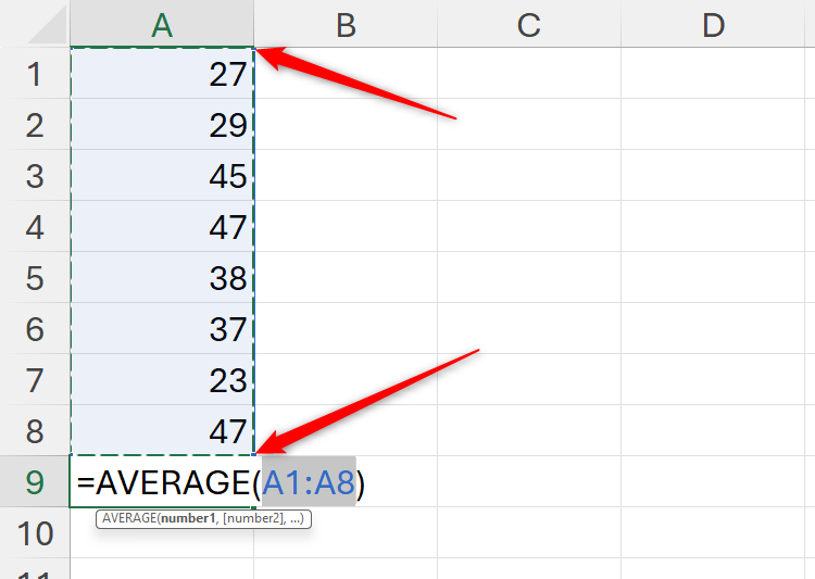 An calculation being performed in cell A9, with the handles in the corners of the dotted area highlighted to show how to adjust the cells involved in the calculation.