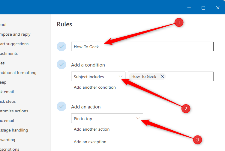 An example email rule in new Outlook that pins all emails with How-To Geek in the subject to the top of the inbox.