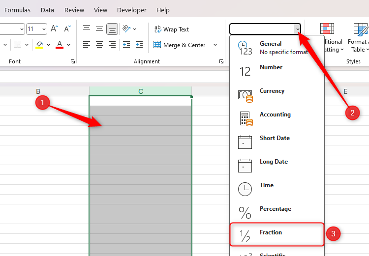 An Excel sheet with column C selected, and the Fraction number format selected from the Number Format drop-down list.