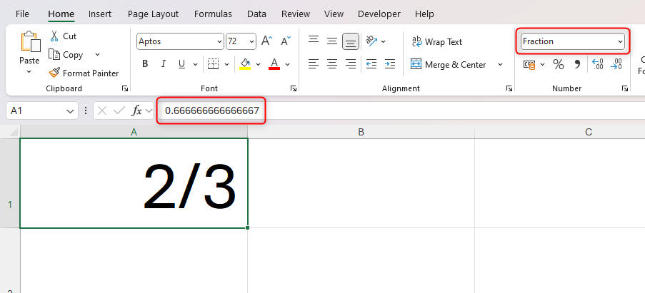 An Excel sheet with the two-thirds fraction in cell A1, the decimal equivalent in the formula bar, and the cell's number format showing as Fraction.