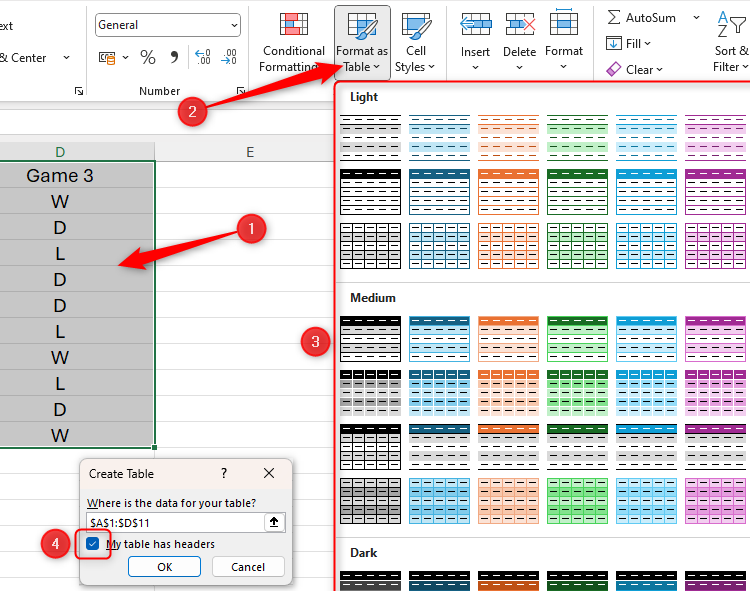 An Excel spreadsheet with a range of data selected, and the Format As Table drop-down list expanded. The Create Table dialog box is also showing.