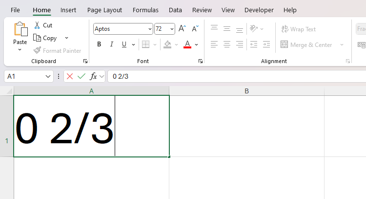 An Excel spreadsheet with a zero, followed by a space, followed by a two-thirds fraction typed into cell A1.