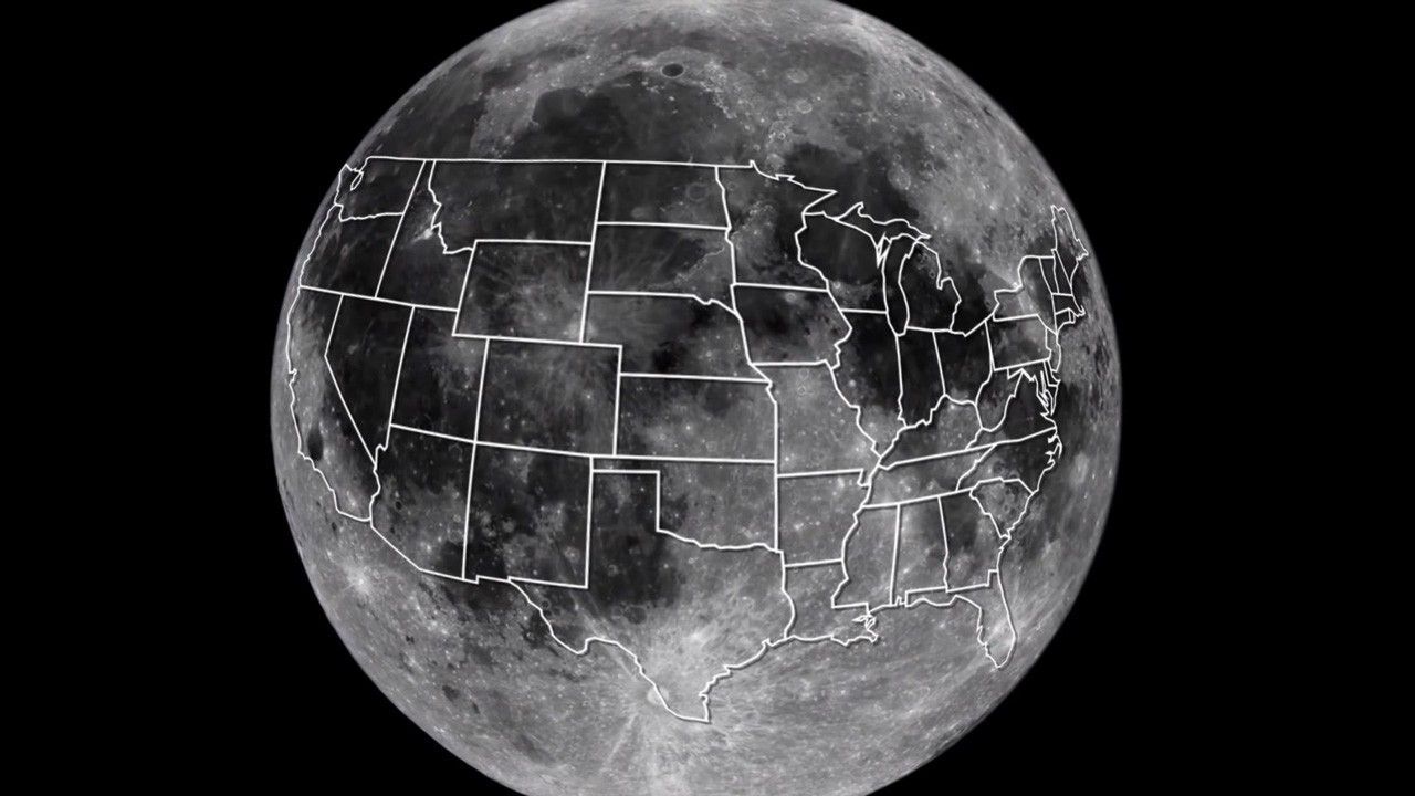 An illustration of the outline of the United States on the Moon for size comparison purposes.