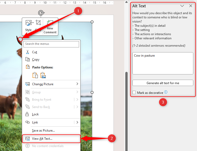 An image in PowerPoint is selected via a right-click, View Alt Text is highlighted in the drop-down menu, and the Alt Text pane is on the right of the screen.