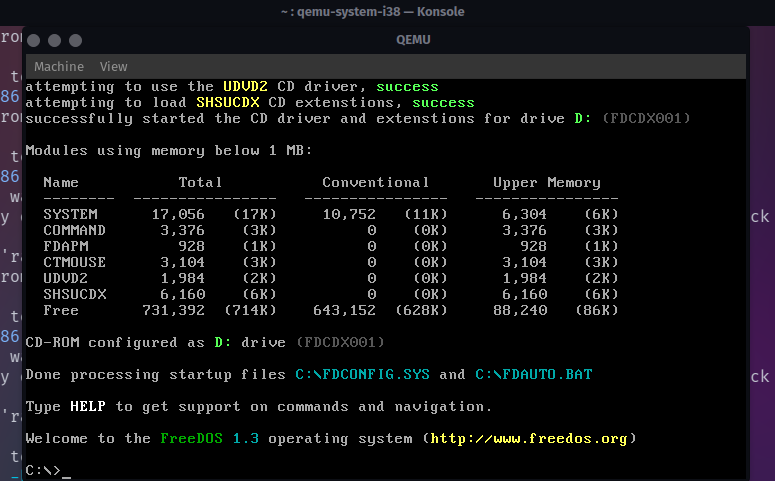 An installed FreeDOS running inside QEMU on Linux.