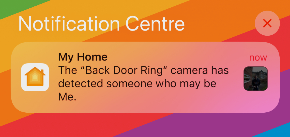 An iPhone notification from the Home app stating that a person was detected who may be Me.-1