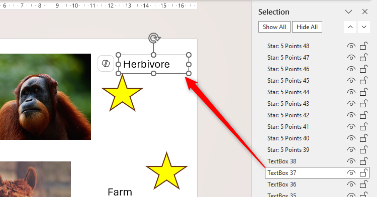 An item is selected in PowerPoint's Selection Pane, and the corresponding object is active on the slide.