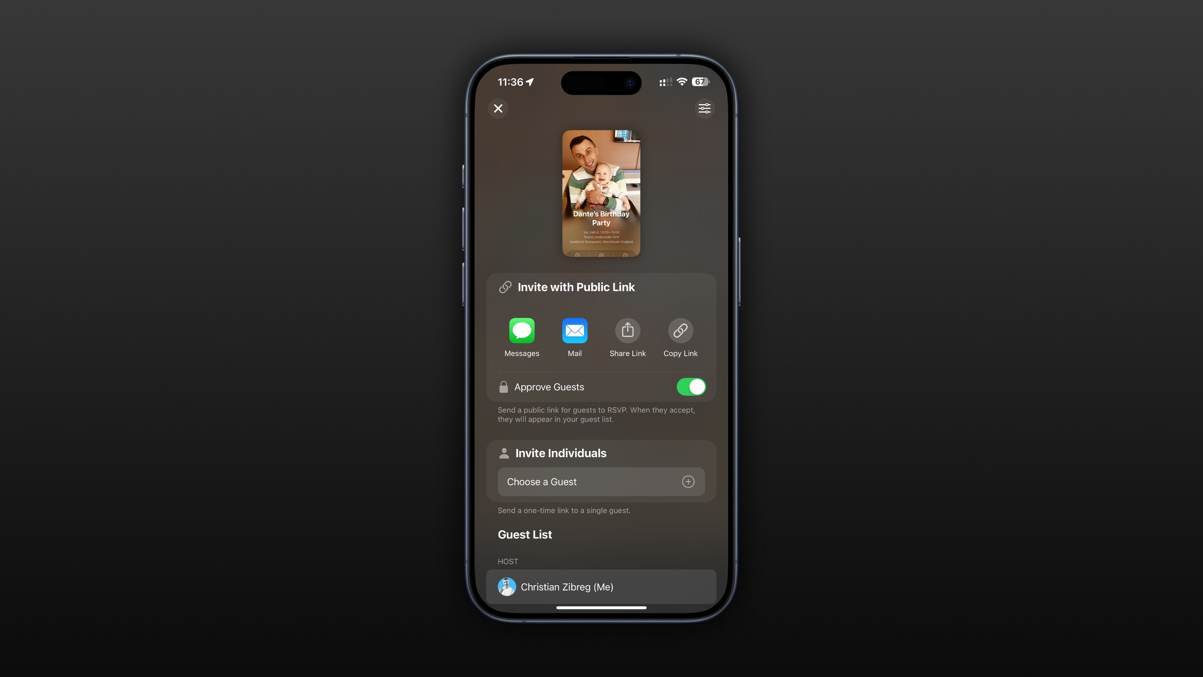 Sharing a public link to a birthday party in the Apple Invites iPhone app.