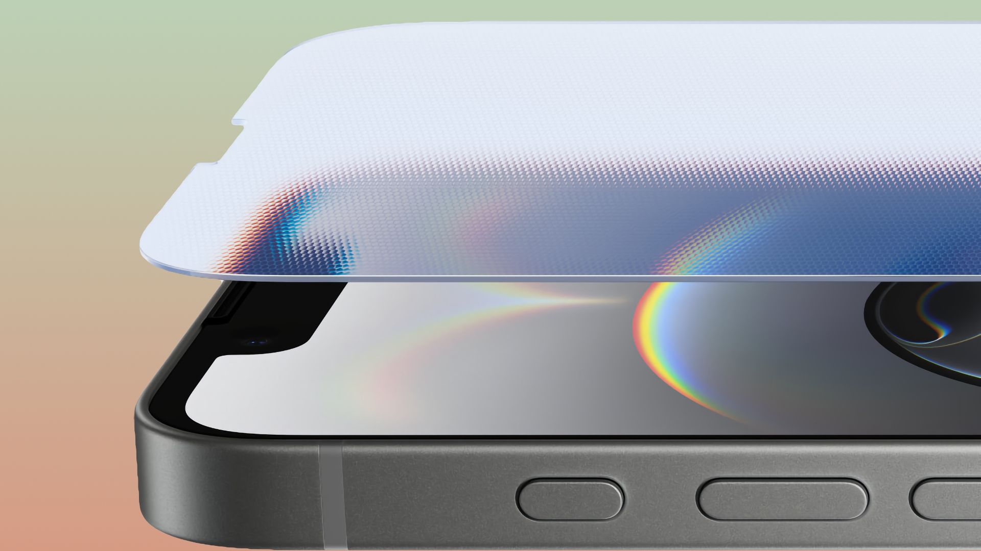 Closeup of the iPhone 16e screen with the Ceramic Shield layer elevated and floating above the display.