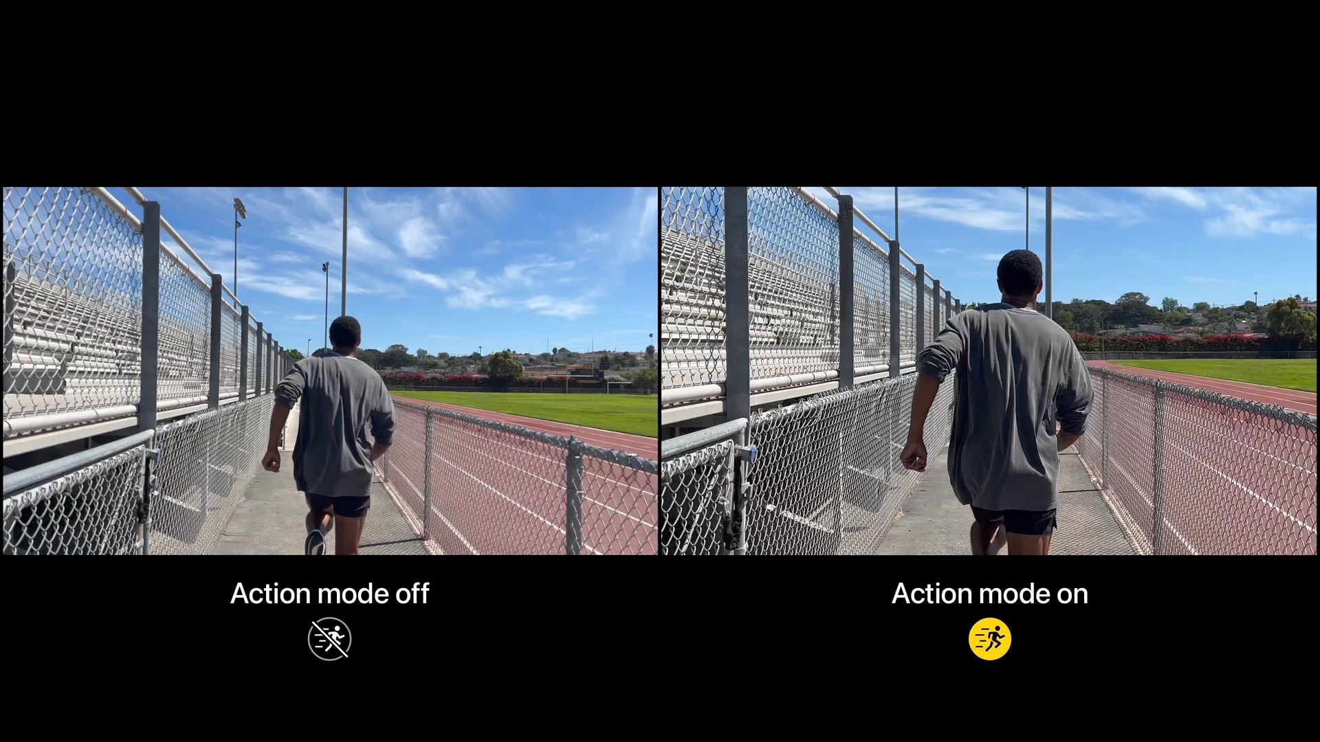 Two side-by-side images of a jogger running, with "Action mode off" displayed below the left image and "Action mode" shown below the right one.