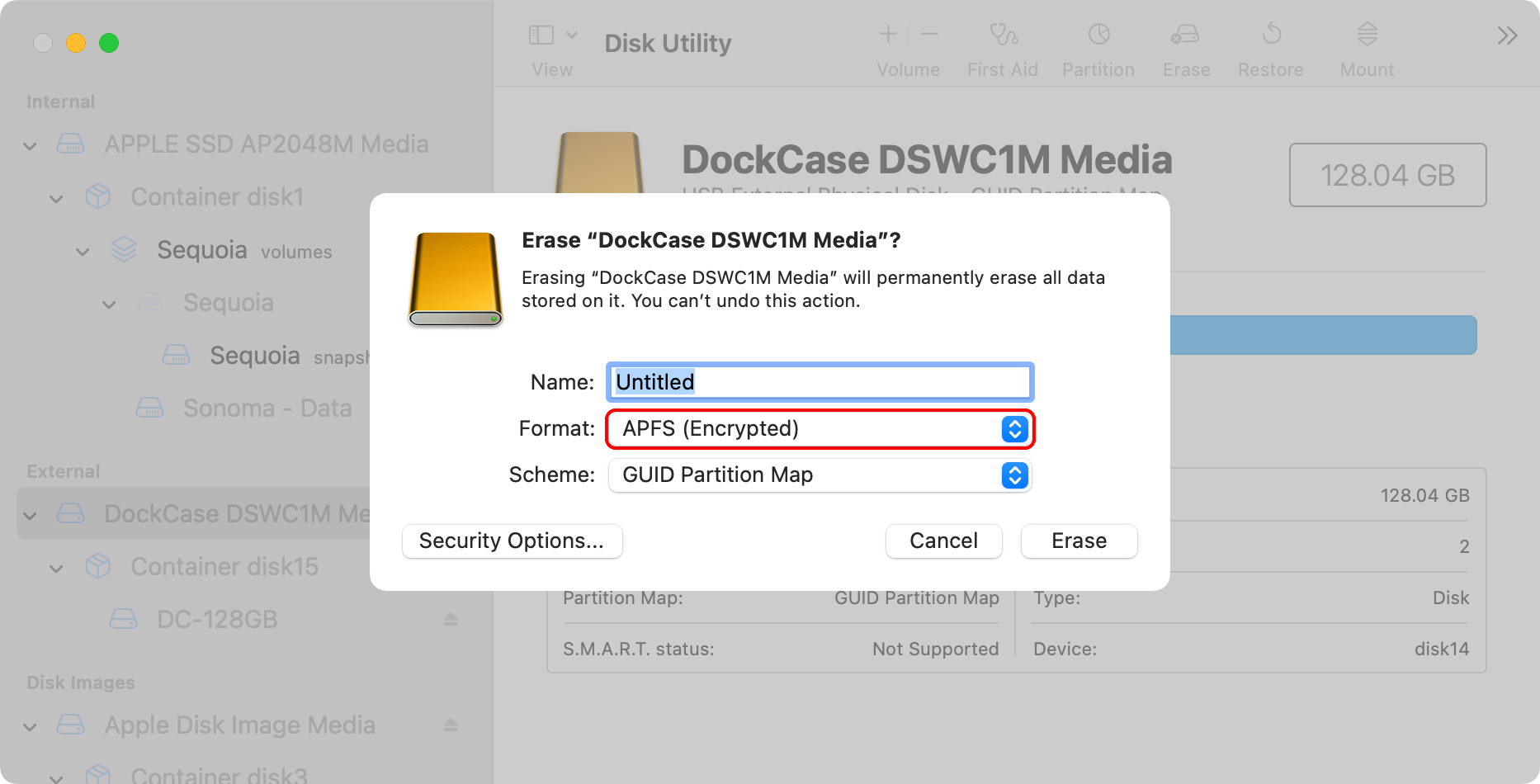 macOS Disk Utility showing the erase options, with the APFS (Encrypted) option selected in the Format menu.