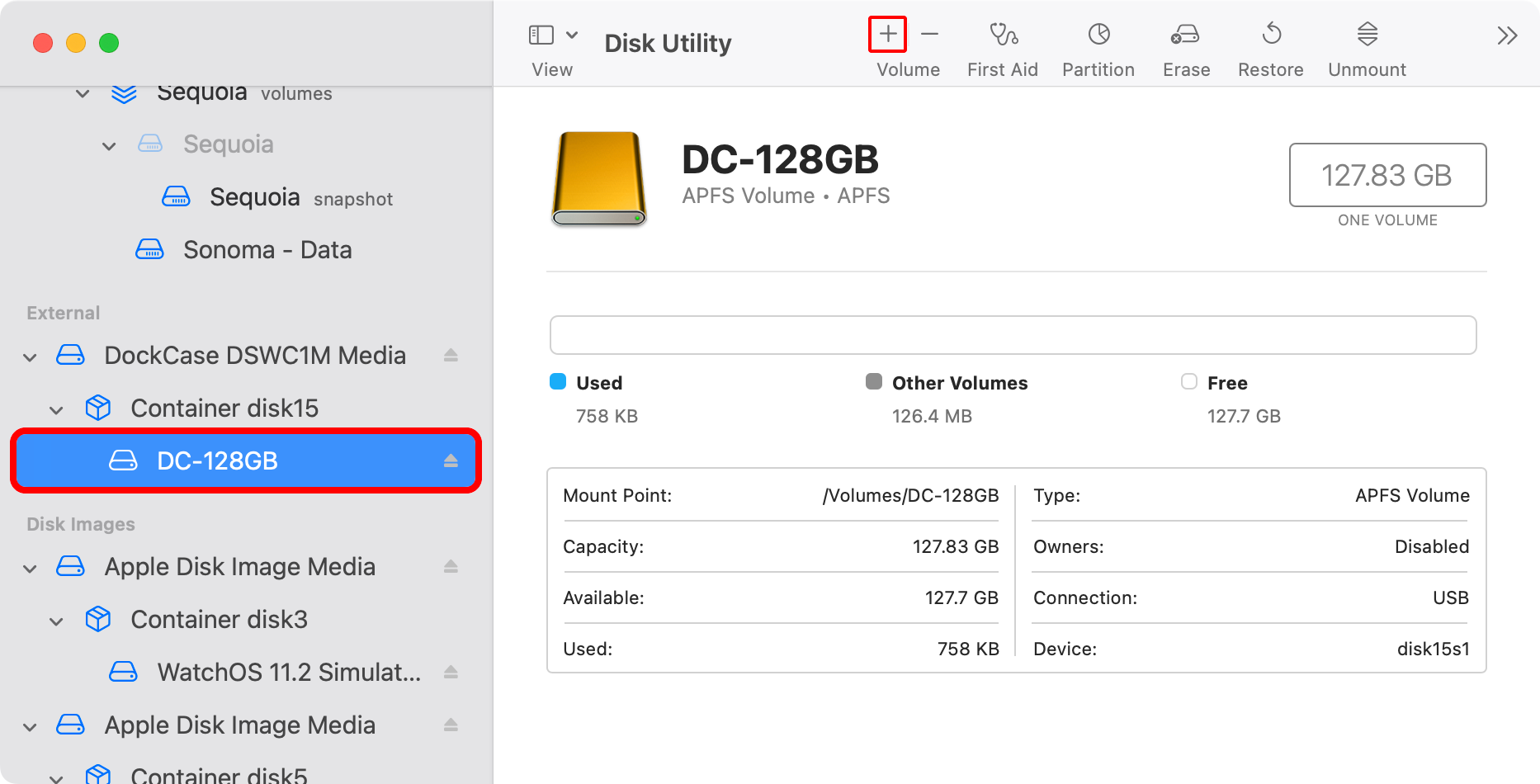 Disk Utility with an external disk selected in the sidebar and an annotated Add Volume button in the toolbar.