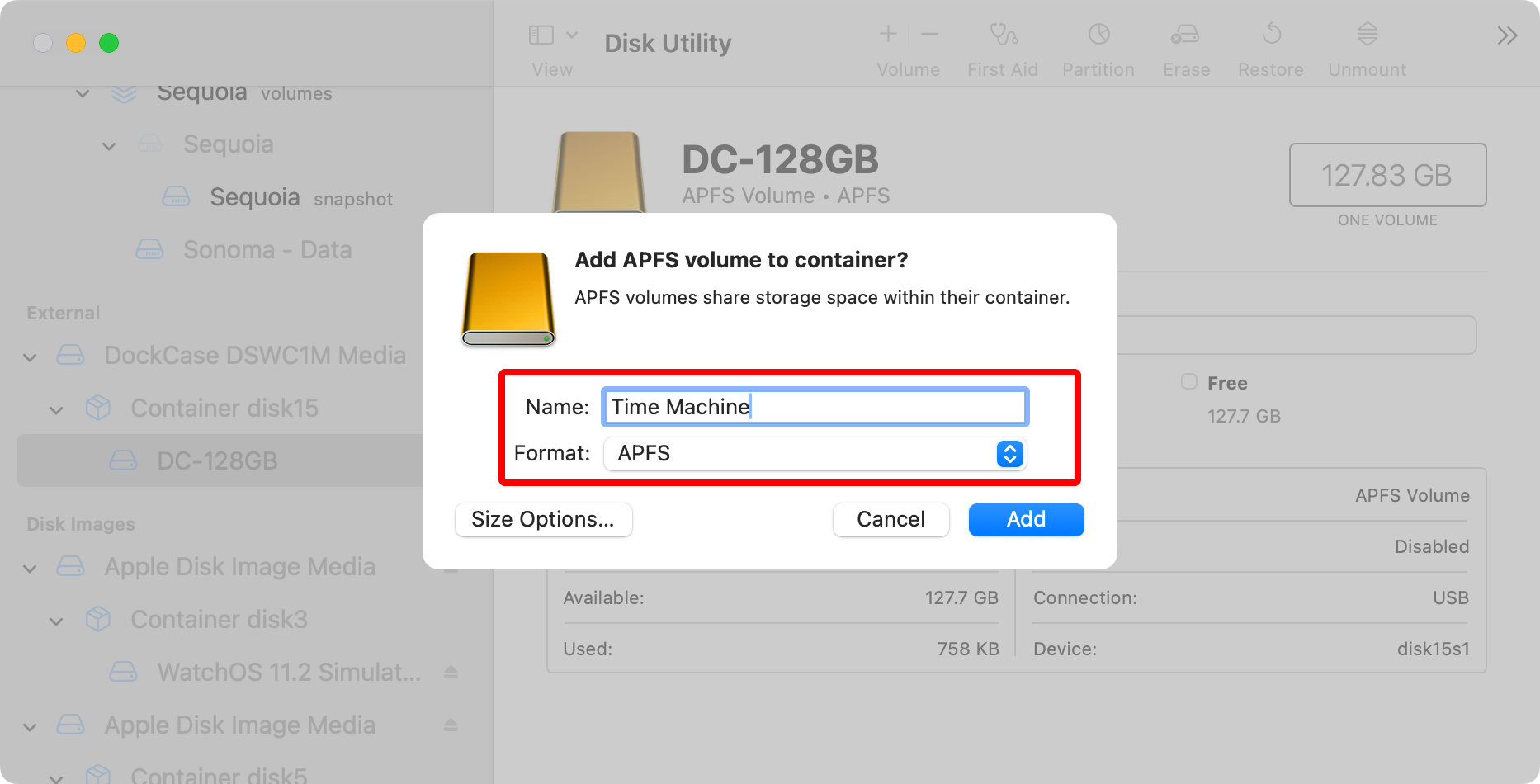 macOS Disk Utility showing the name and format options when adding a new volume to a container.