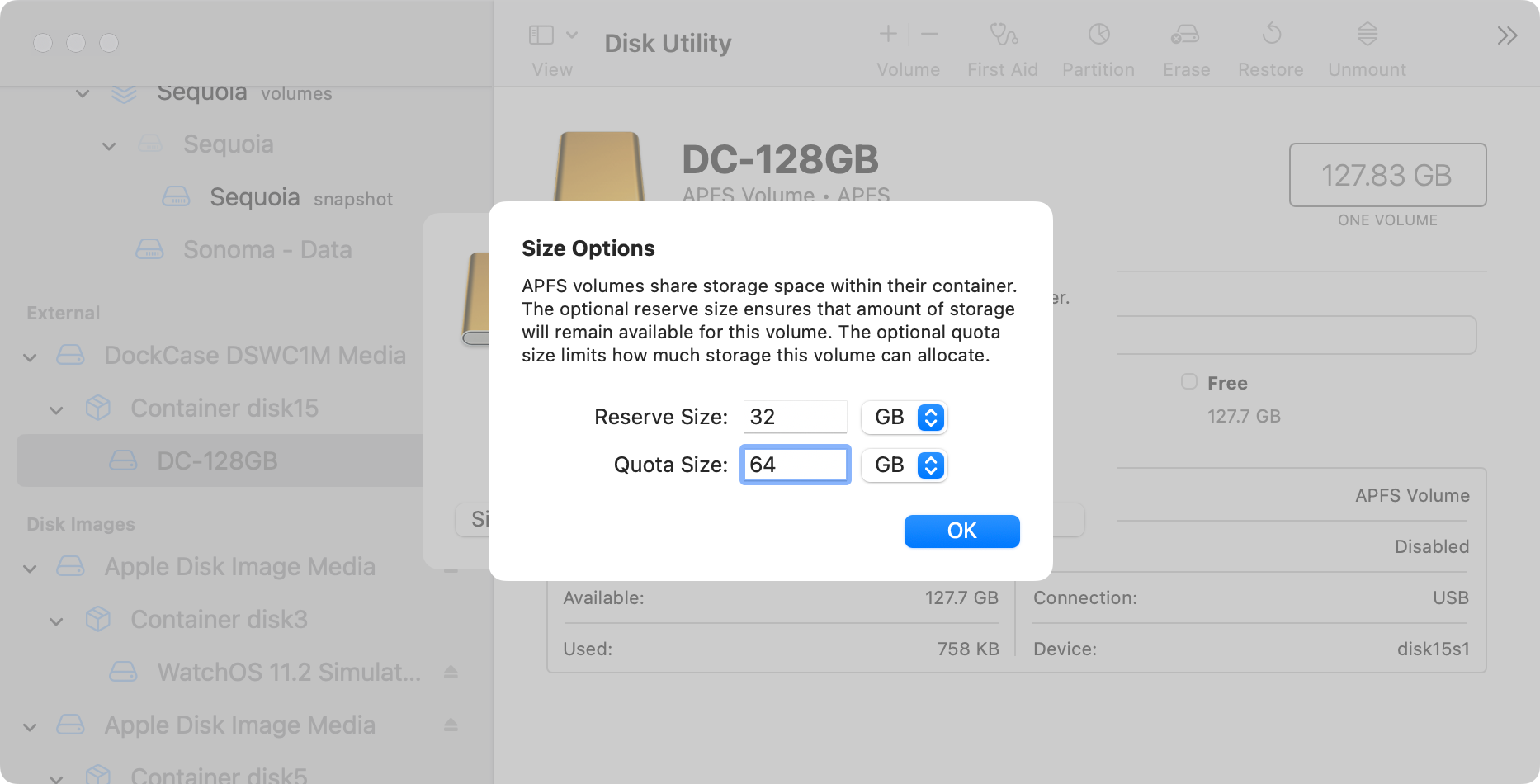 The size options when adding a new volume in macOS Disk Utility.