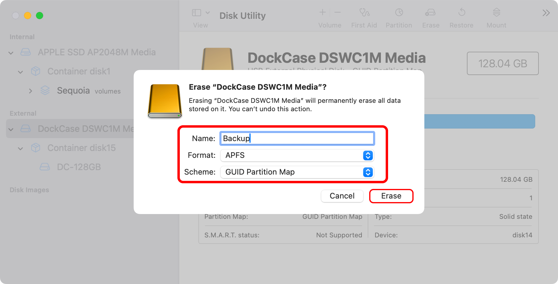 Choosing the disk name, format and scheme in macOS Disk Utility when erasing the drive.