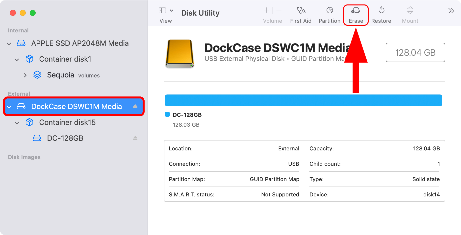 macOS Disk Utility with an external disk selected in the sidebar.