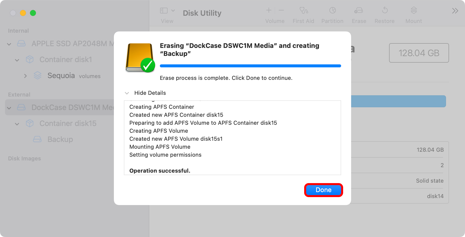 macOS Disk Utility finishes drive formatting, with the Done button annotated.