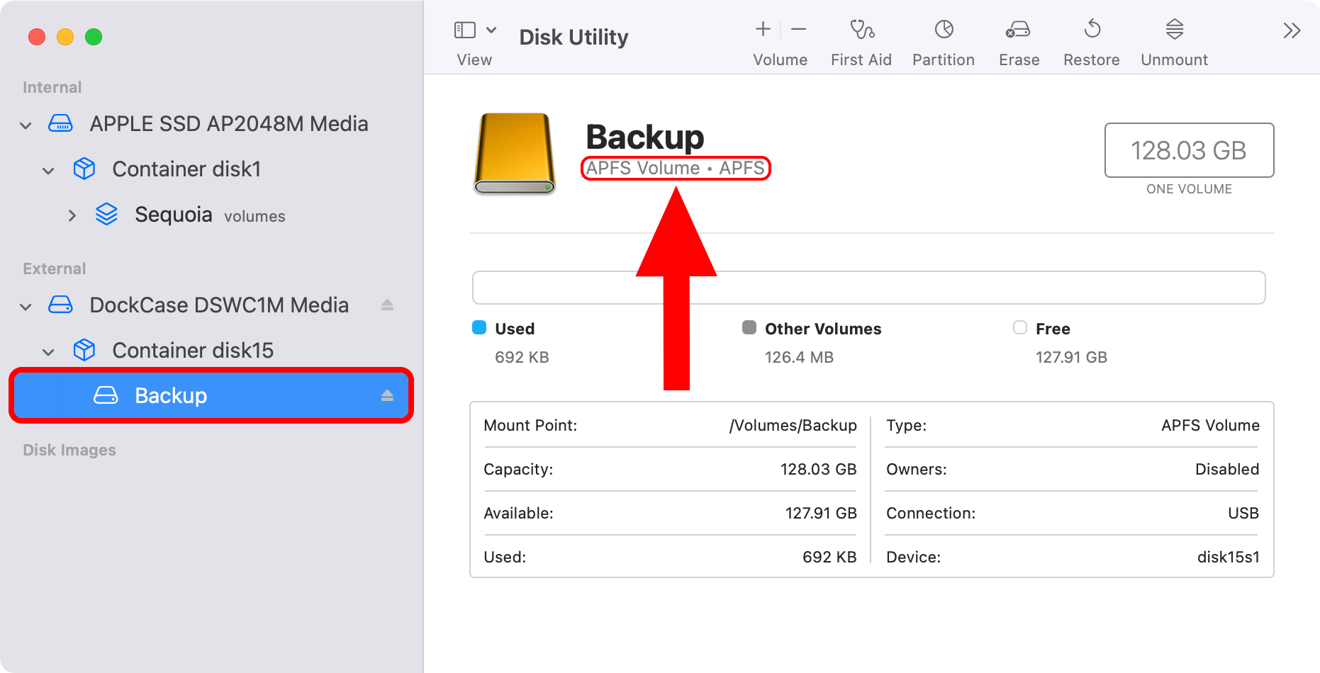 Disk Utility on macOS with the external drive information confirming the file format is APFS.