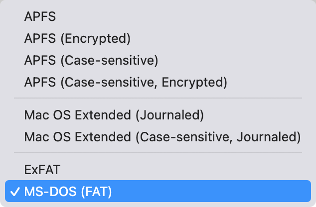 The file format menu options in macOS Disk Utility.