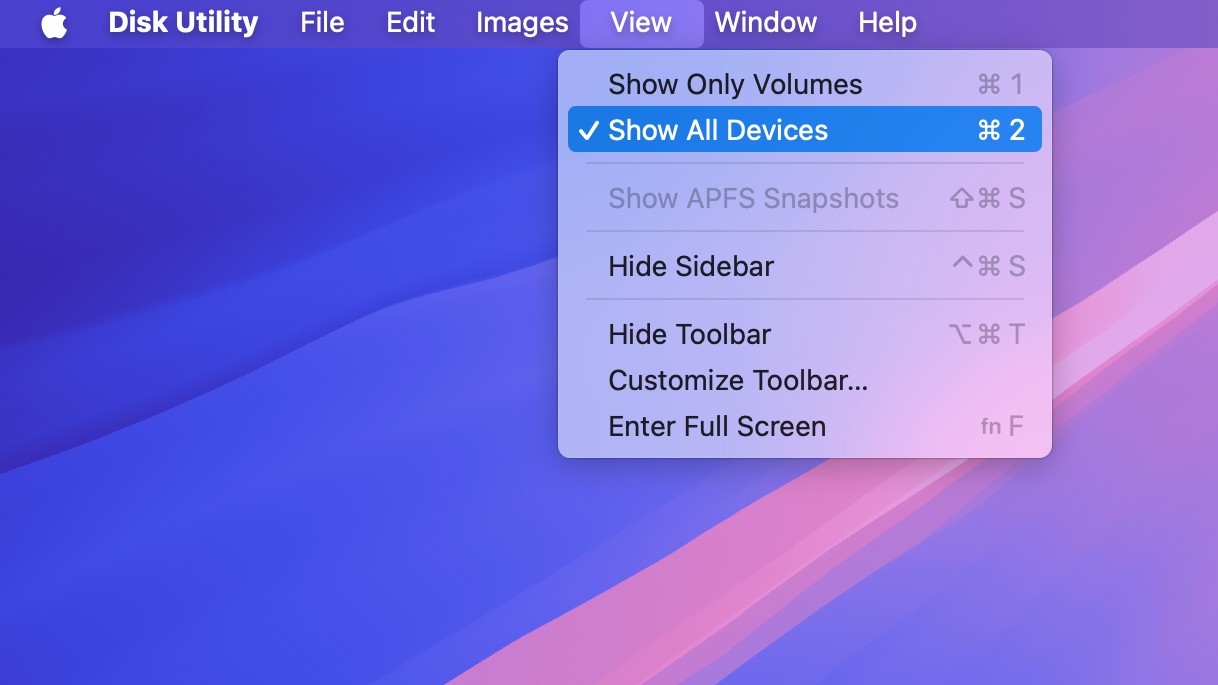 The Show All Devices option selected in the View menu of macOS Disk Utilities.