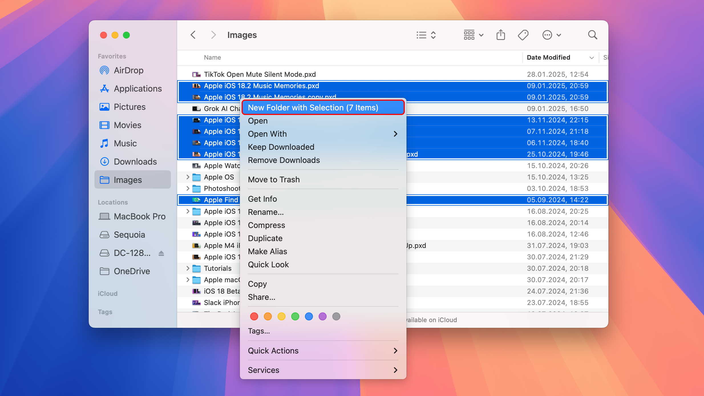 A Finder widow in macOS Sequoia 15.3 showing multiple selected files and the contextual menu with the New Folder With Selection option highlighted.