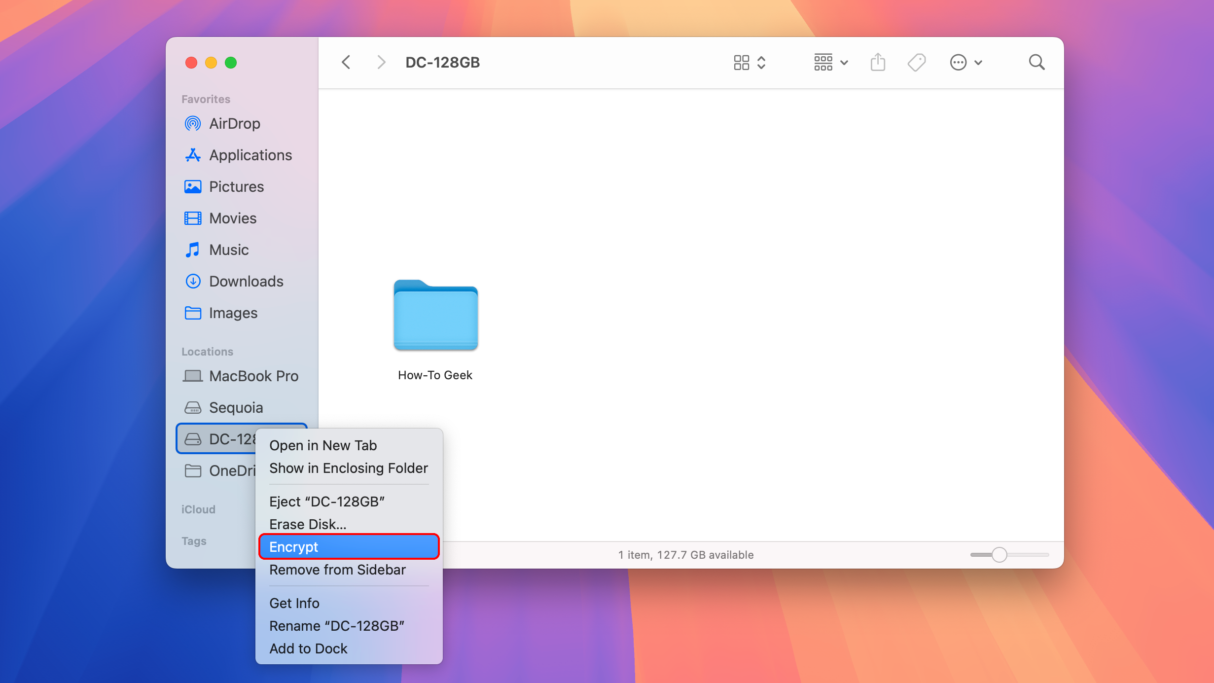 The Finder on macOS Sequoia 15.3, with an external disk selected in the sidebar and the context; menu displaying an annotated Encrypt option.