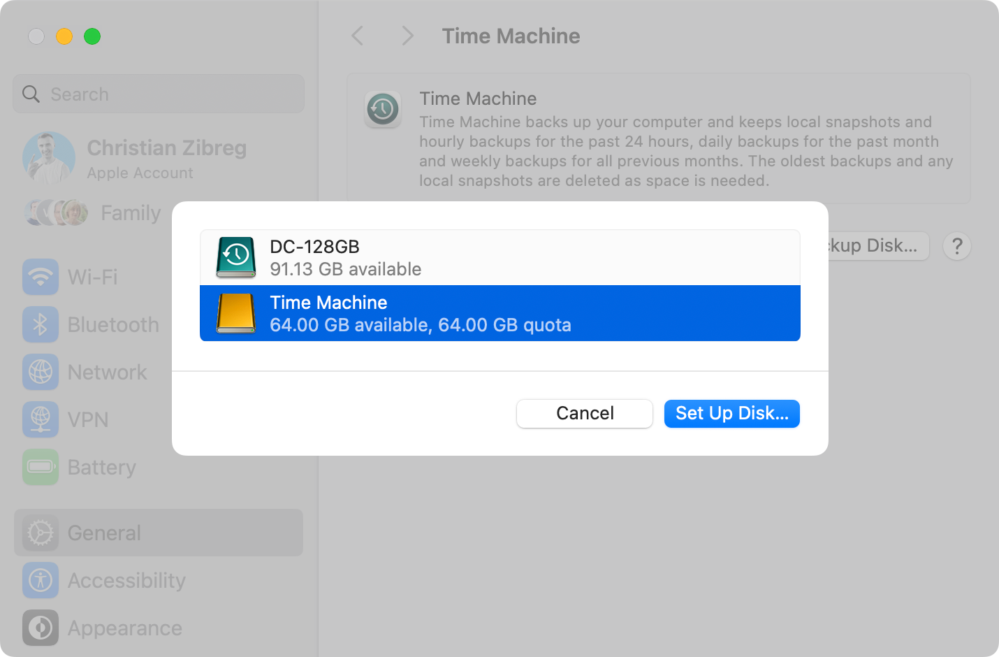 Choosing a backup disk for Time Machine in macOS Sequoia.