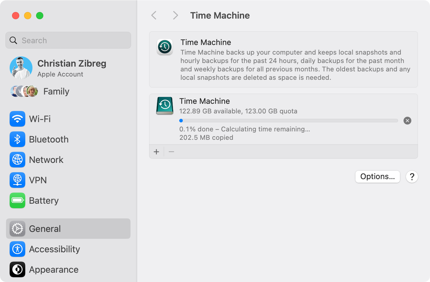 Time Machine on macOS Sequoia 15.3 performing an initial backup.