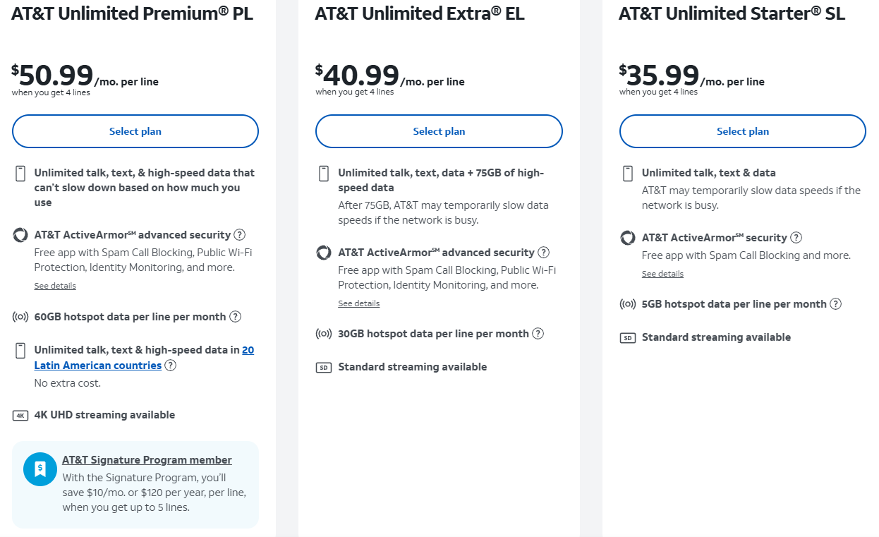 A&T unlimited data plans shown starting from $35.99.