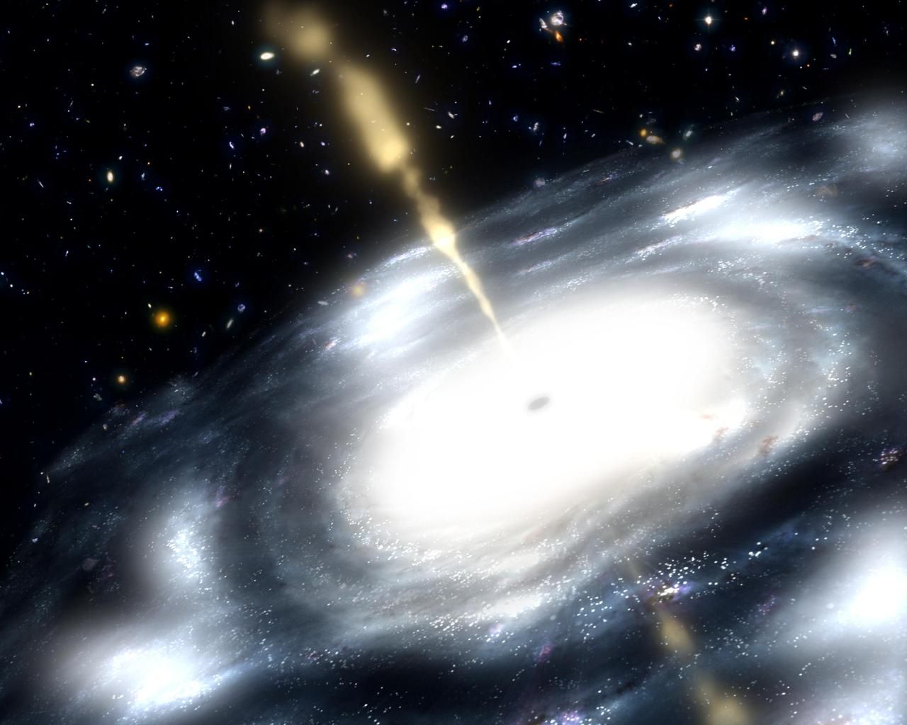 A "reverse" black hole in the center of a gallaxy shooting powerful golden jets of radio waves.