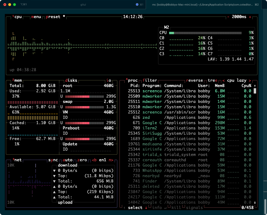 The btop TUI program showing line and bar graphs simulated with text characters to display various system statistics.